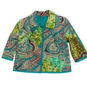 Harvé Benard Bright Colorful Paisley Print Cropped Jacket 3/4 Sleeve